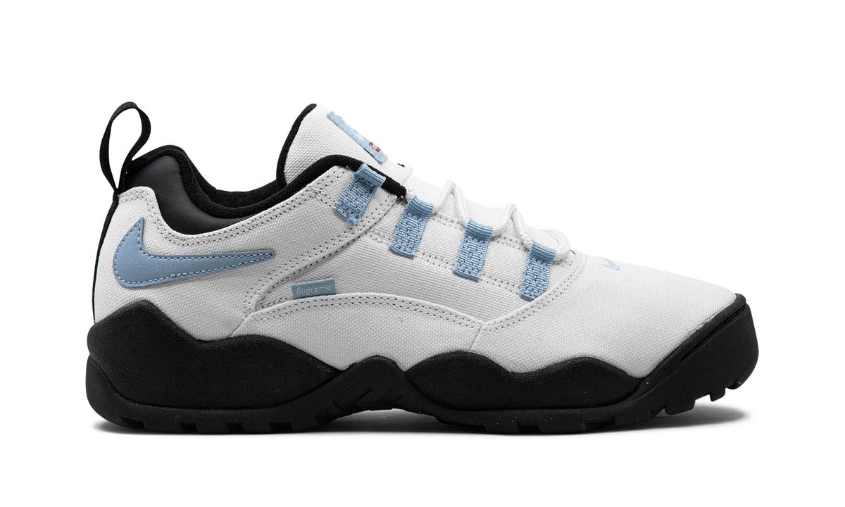 Supreme x Nike SB Darwin Low Sneakers – White, Light Blue & Black with Reverse Swooshes