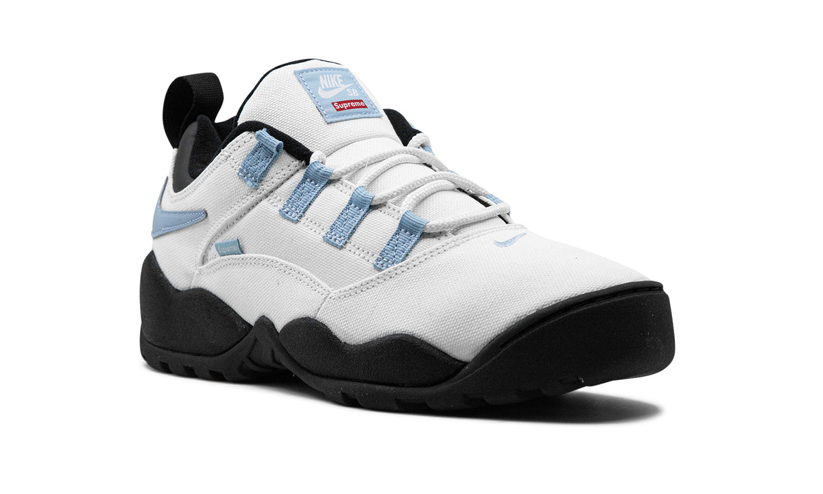 Supreme x Nike SB Darwin Low Sneakers – White, Light Blue & Black with Reverse Swooshes
