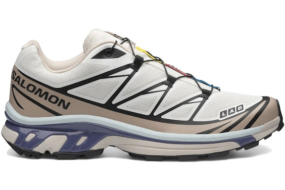 Salomon XT-6 Sneakers - Cream White & Tan with Black and Blue Accents