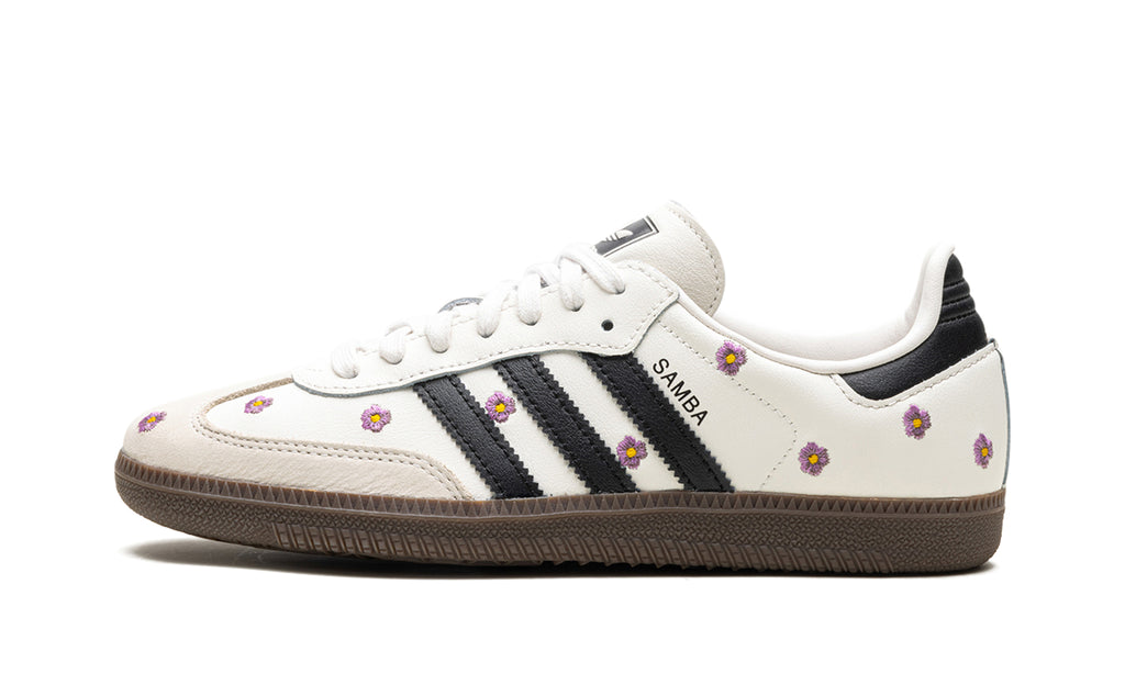 adidas Samba OG Floral Sneakers – Cream White, Black 3-Stripes & Purple Flowers with Brown Outsole