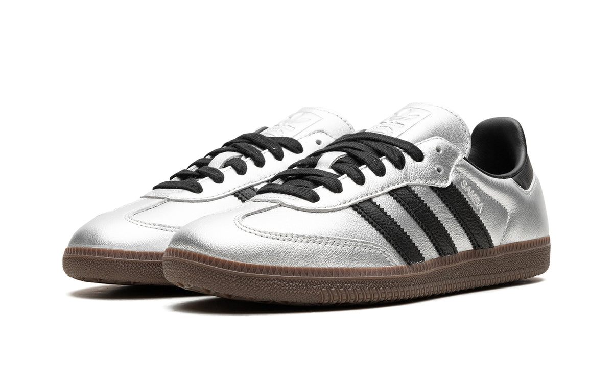 adidas Samba OG Sneakers - Metallic Silver and Black with Dark Brown Gum Sole