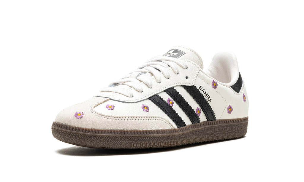 adidas Samba OG Floral Sneakers – Cream White, Black 3-Stripes & Purple Flowers with Brown Outsole