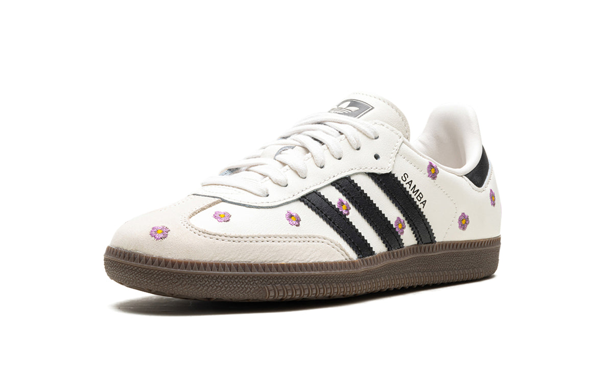 adidas Samba OG Floral Sneakers – Cream White, Black 3-Stripes & Purple Flowers with Brown Outsole