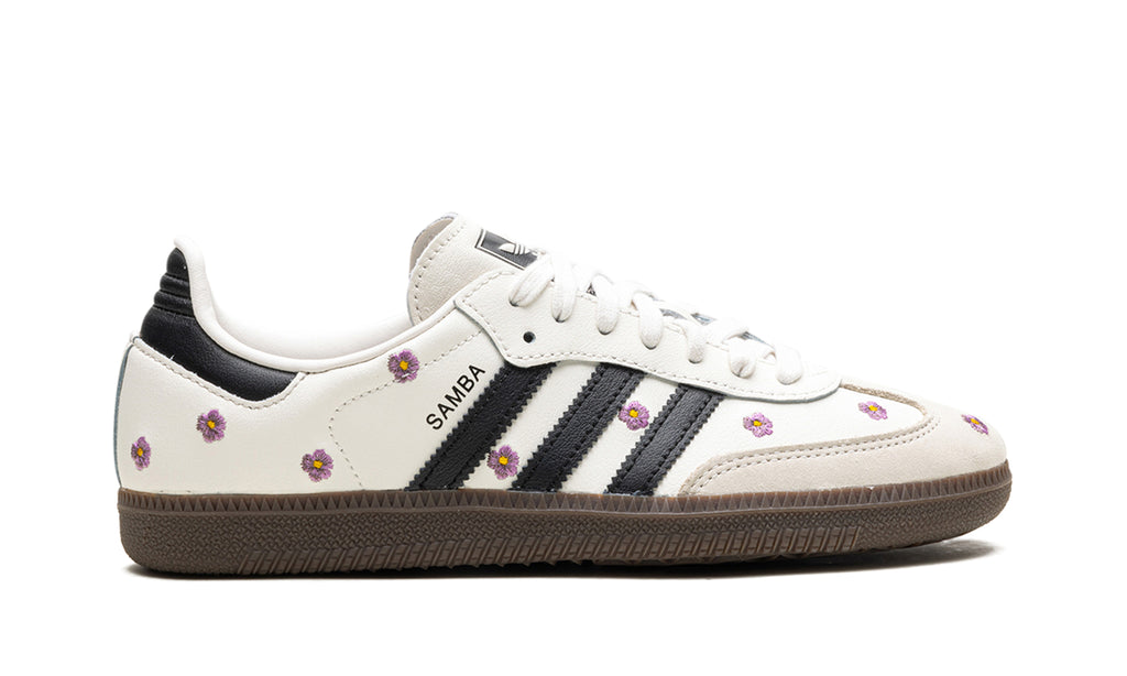adidas Samba OG Floral Sneakers – Cream White, Black 3-Stripes & Purple Flowers with Brown Outsole