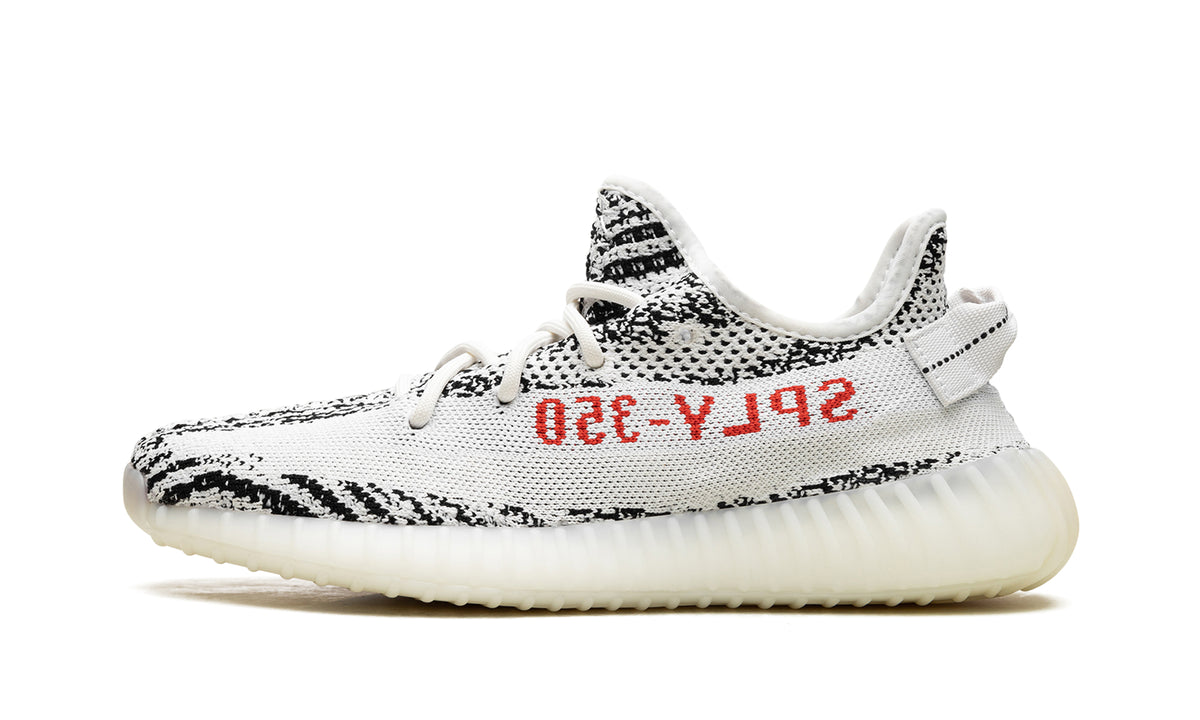 adidas Yeezy Boost 350 V2 Sneakers - White and Black Zebra Pattern with Red Lettering