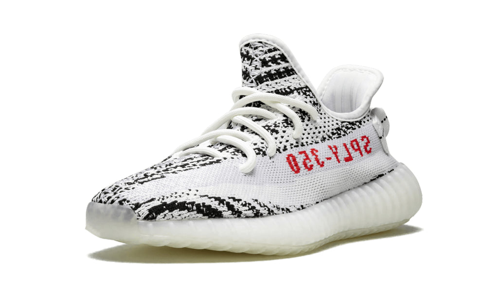 adidas Yeezy Boost 350 V2 Sneakers - White and Black Zebra Pattern with Red Lettering