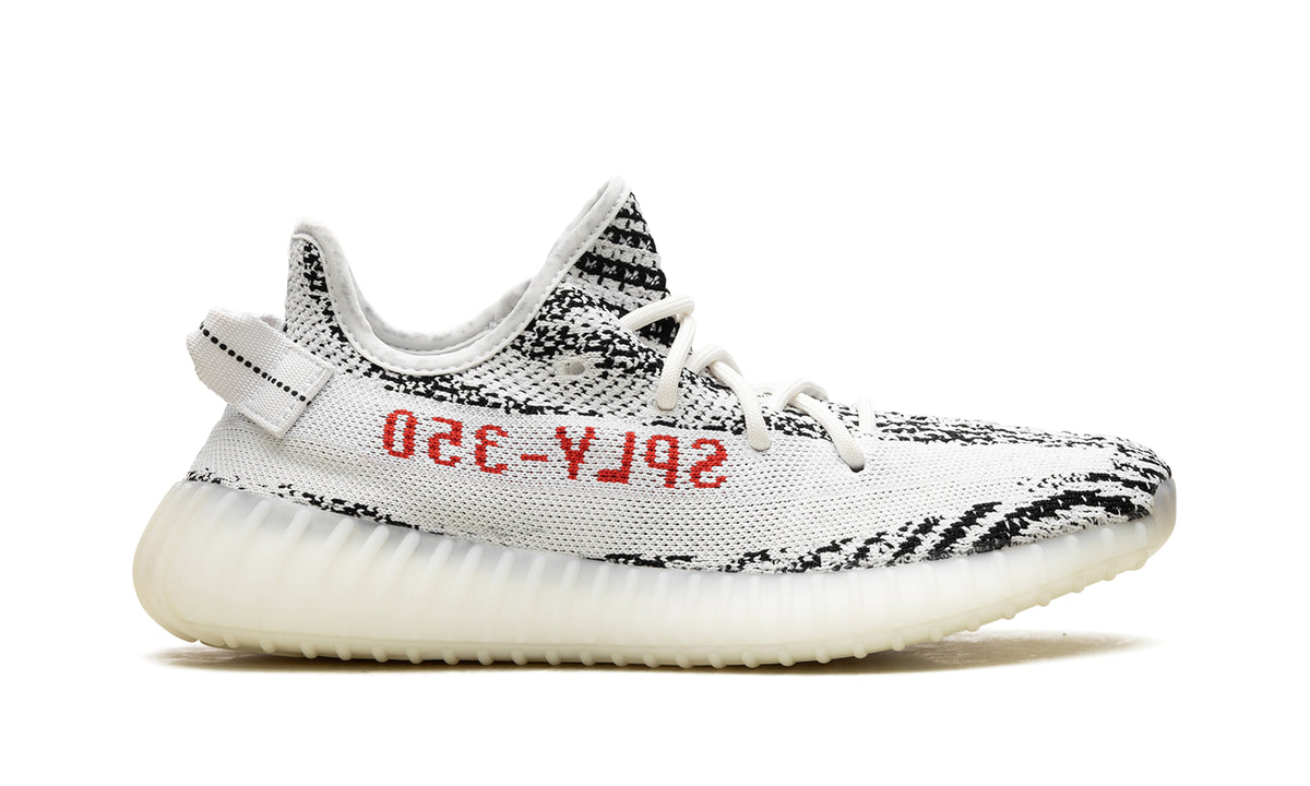 adidas Yeezy Boost 350 V2 Sneakers - White and Black Zebra Pattern with Red Lettering