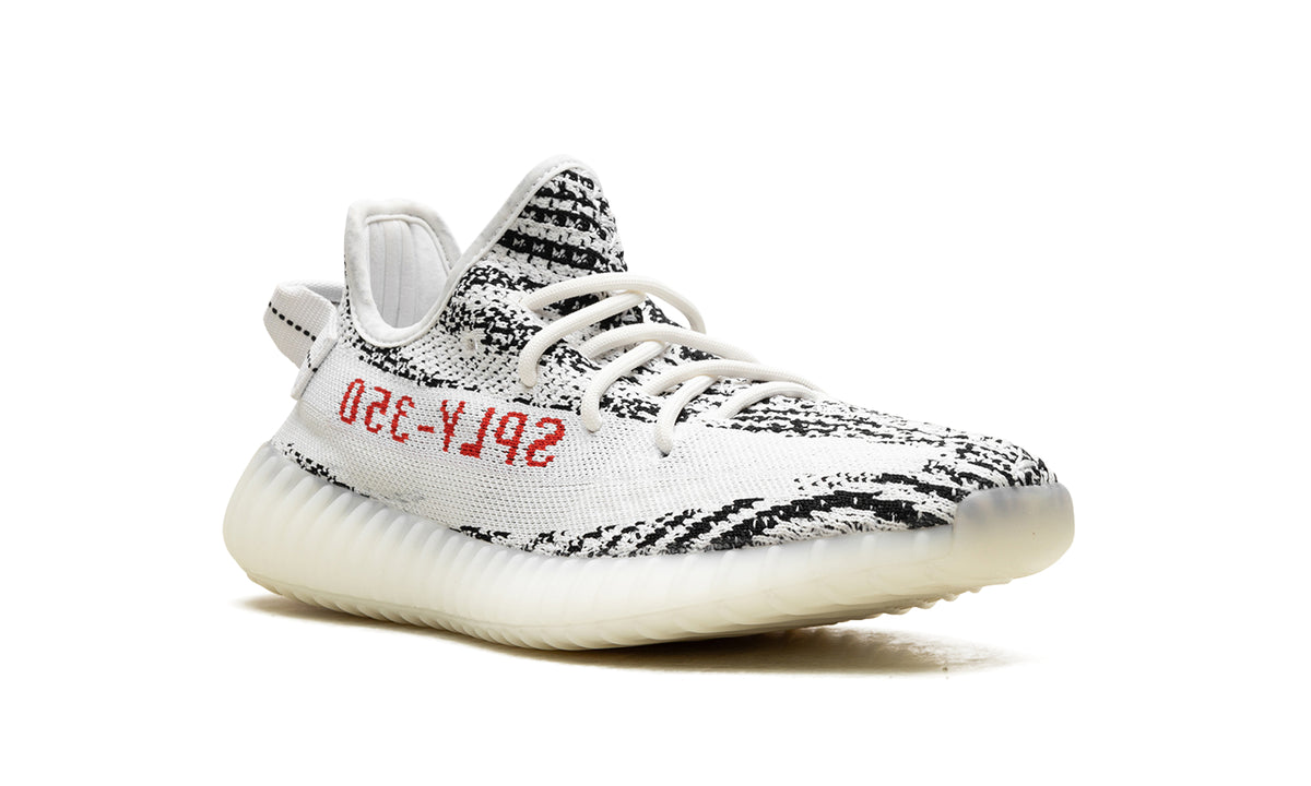 adidas Yeezy Boost 350 V2 Sneakers - White and Black Zebra Pattern with Red Lettering