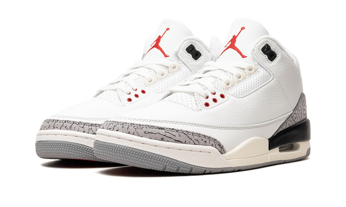 Air Jordan 3 Sneakers - White/Cement Grey with Elephant Print and Red Accents