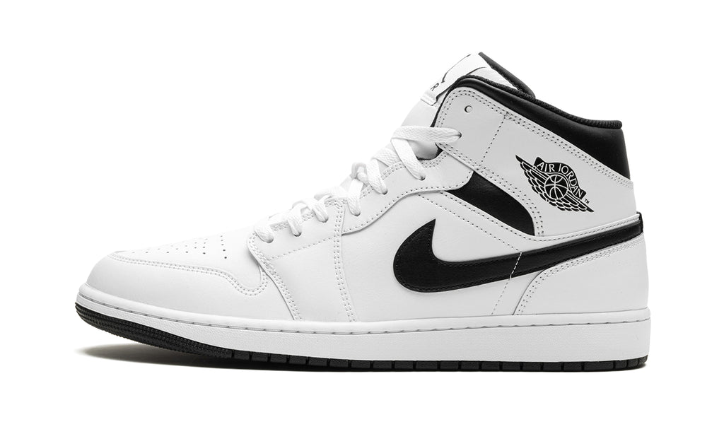Air Jordan 1 Mid Sneakers - White with Black Swooshes and Collar