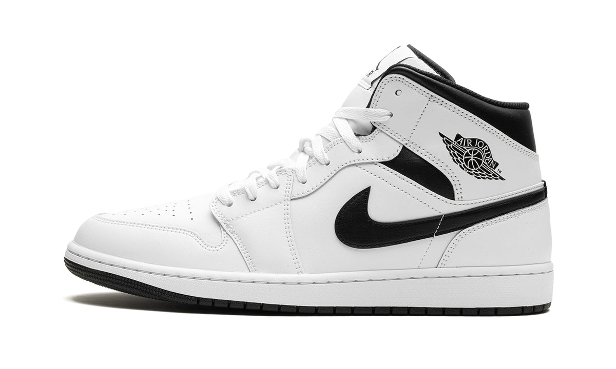 Air Jordan 1 Mid Sneakers - White with Black Swooshes and Collar