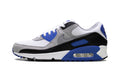 Nike Air Max 90 Sneakers - White, Light Gray & Black with Royal Blue Accents