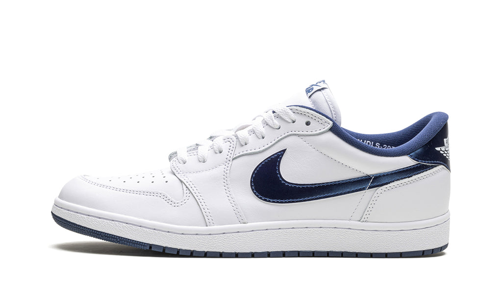 Air Jordan 1 Low '85 Sneakers - White and Navy with Glossy Swooshes