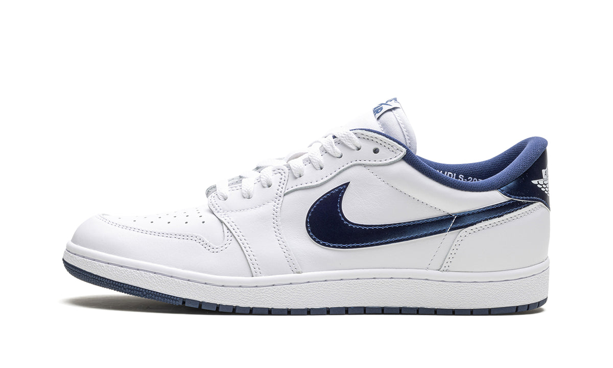 Air Jordan 1 Low '85 Sneakers - White and Navy with Glossy Swooshes