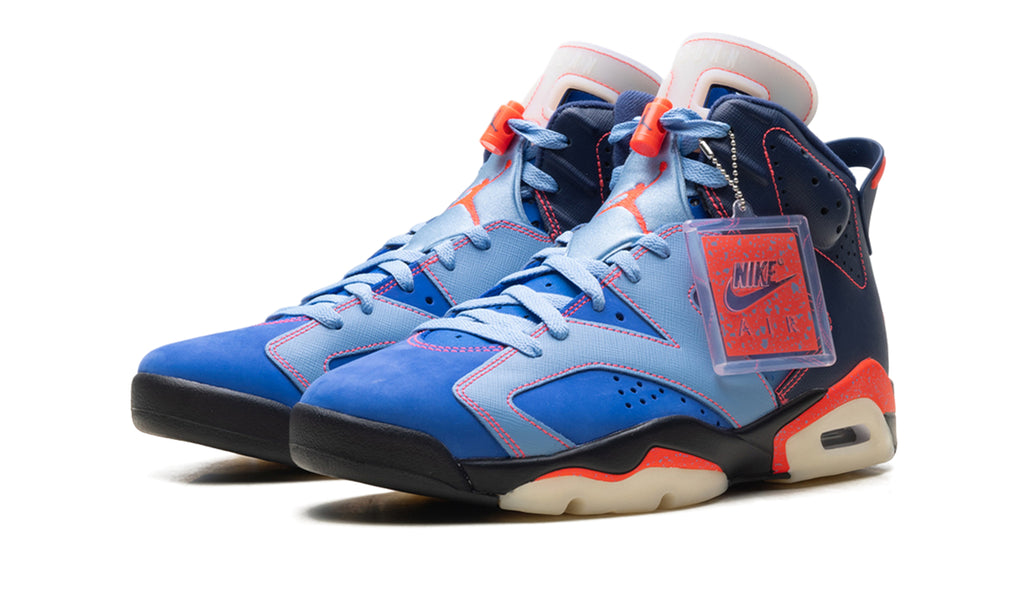Air Jordan 6 Retro Sneakers - Blue & Navy with Orange Accents and Academy Heel Branding