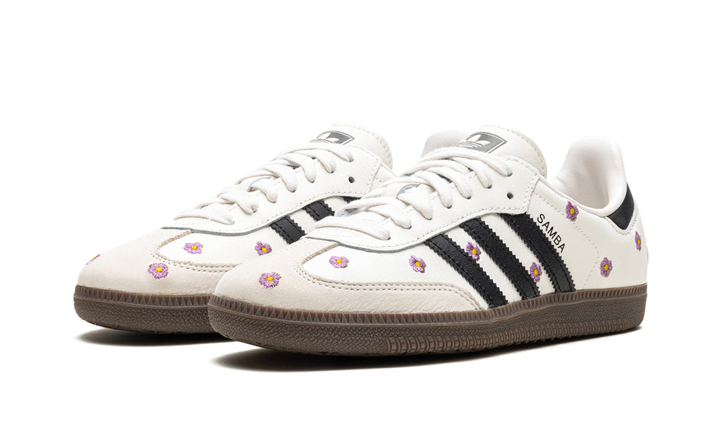 adidas Samba OG Floral Sneakers – Cream White, Black 3-Stripes & Purple Flowers with Brown Outsole