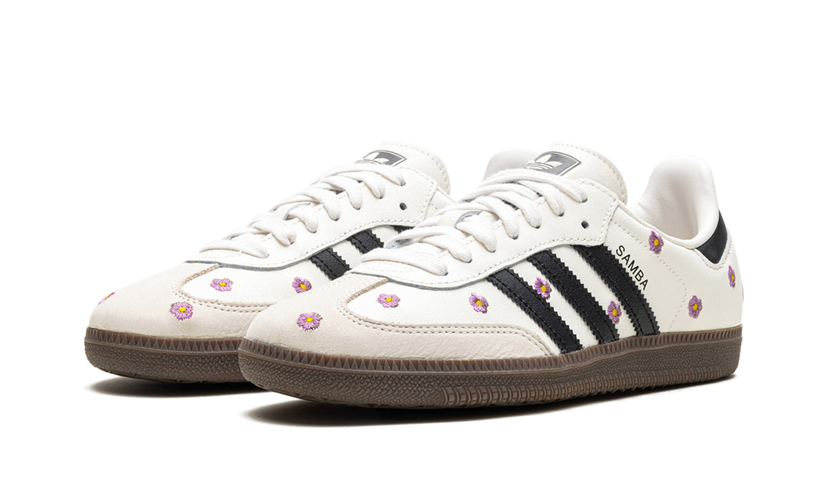 adidas Samba OG Floral Sneakers – Cream White, Black 3-Stripes & Purple Flowers with Brown Outsole