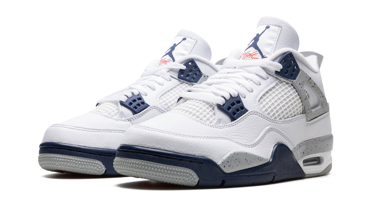 Air Jordan 4 Retro Sneakers - White and Navy with Speckled Gray Details