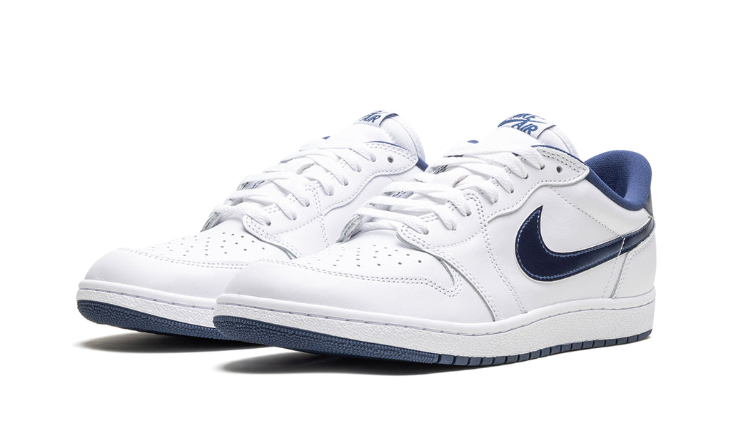 Air Jordan 1 Low '85 Sneakers - White and Navy with Glossy Swooshes