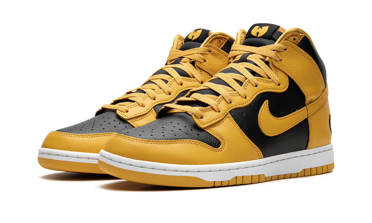 Nike Dunk High Sneakers - Golden Yellow and Black with Wu-Tang Logo Details