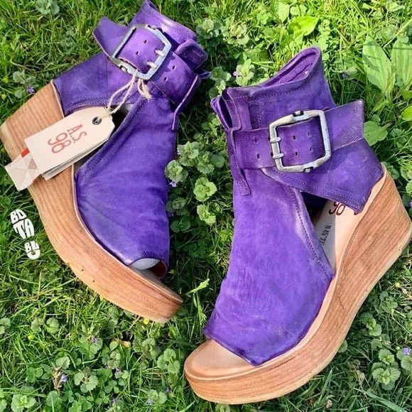 A.S.98 Naya Purple Leather Platform Wedge Buckle Ankle Bootie Sandals