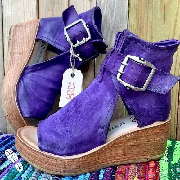 A.S.98 Naya Purple Leather Platform Wedge Buckle Ankle Bootie Sandals