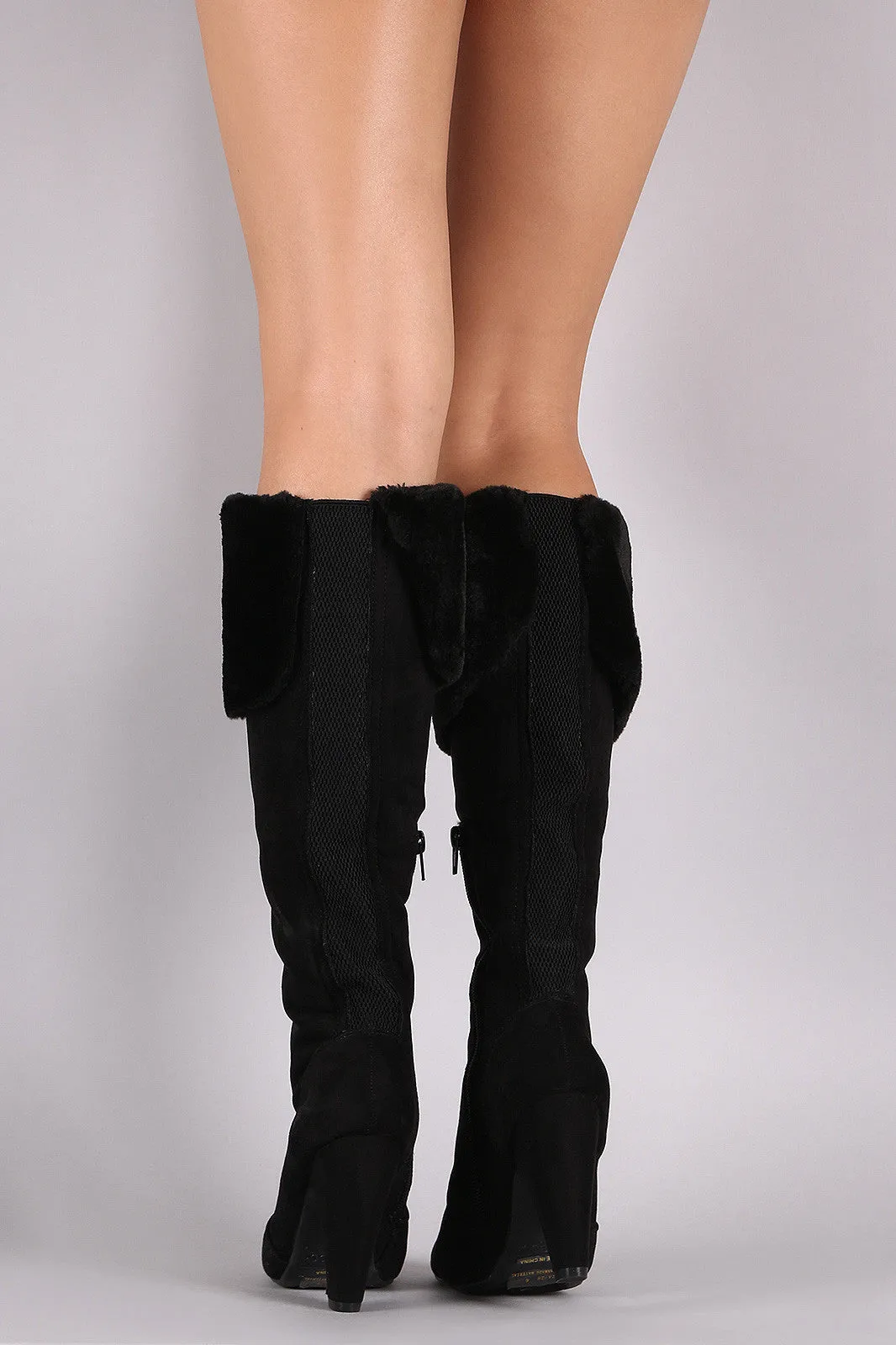 Bamboo Faux Fur Cuff Heeled Suede Boots