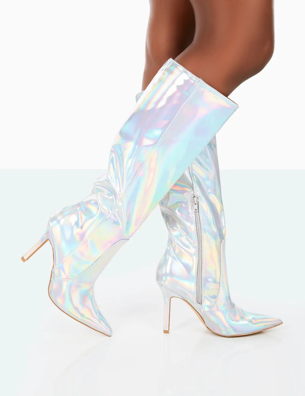 Best Believe Holographic PU Pointed Toe Stiletto Heeled Knee High Boots