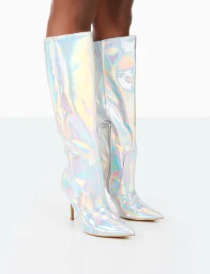 Best Believe Holographic PU Pointed Toe Stiletto Heeled Knee High Boots