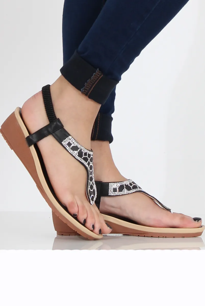 Black Diamante Sling Back Toe Bar Sandals - Mara