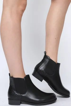 Black PU Croc Low Ankle Chelsea Boots - Hope