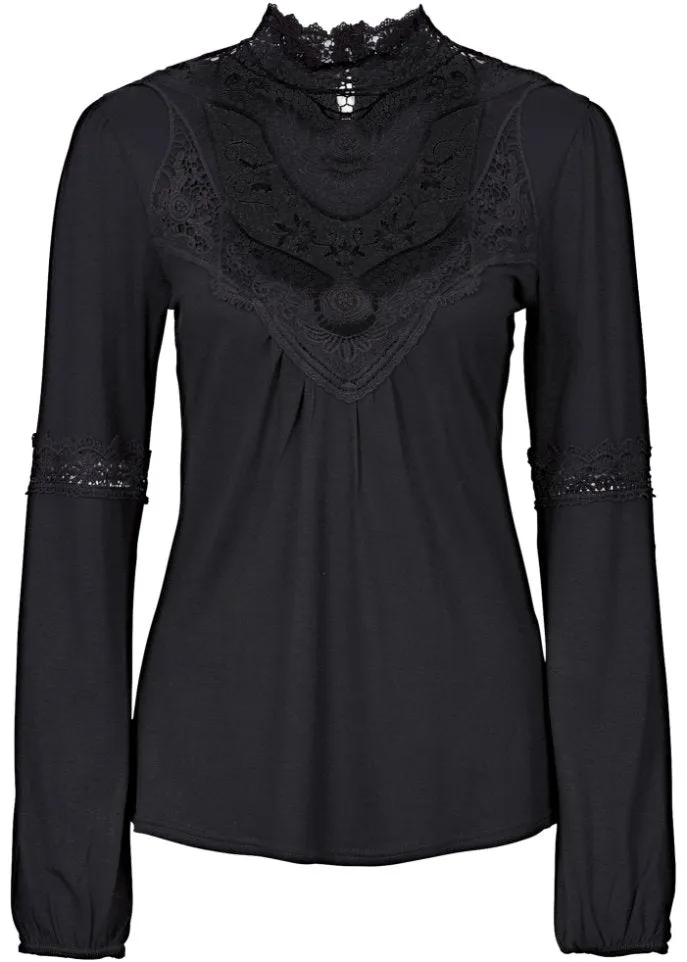 Bodyflirt Long Sleeve Lace Shirt, Black