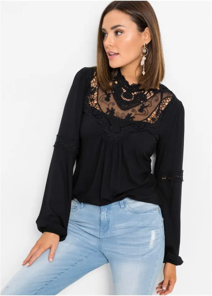 Bodyflirt Long Sleeve Lace Shirt, Black