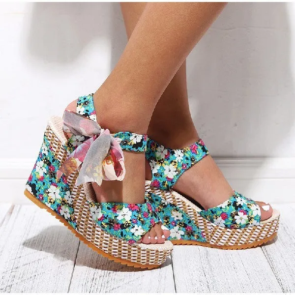 Boho Chic Ribbon Wedge Heels