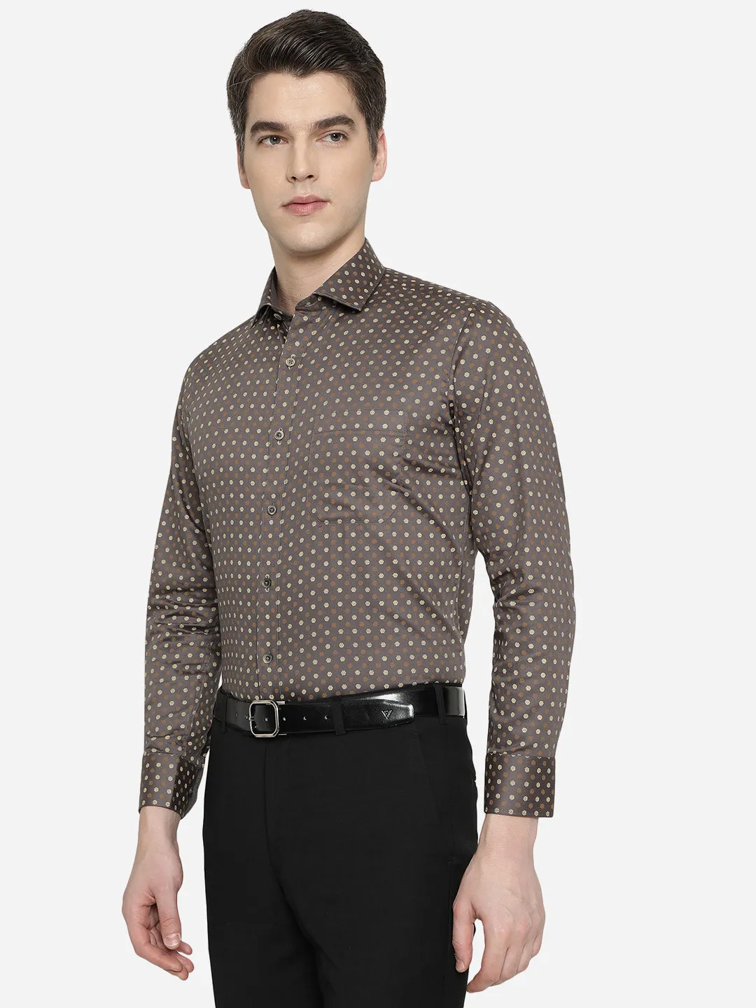 Brown & Beige Printed Slim Fit Formal Shirt | Greenfibre