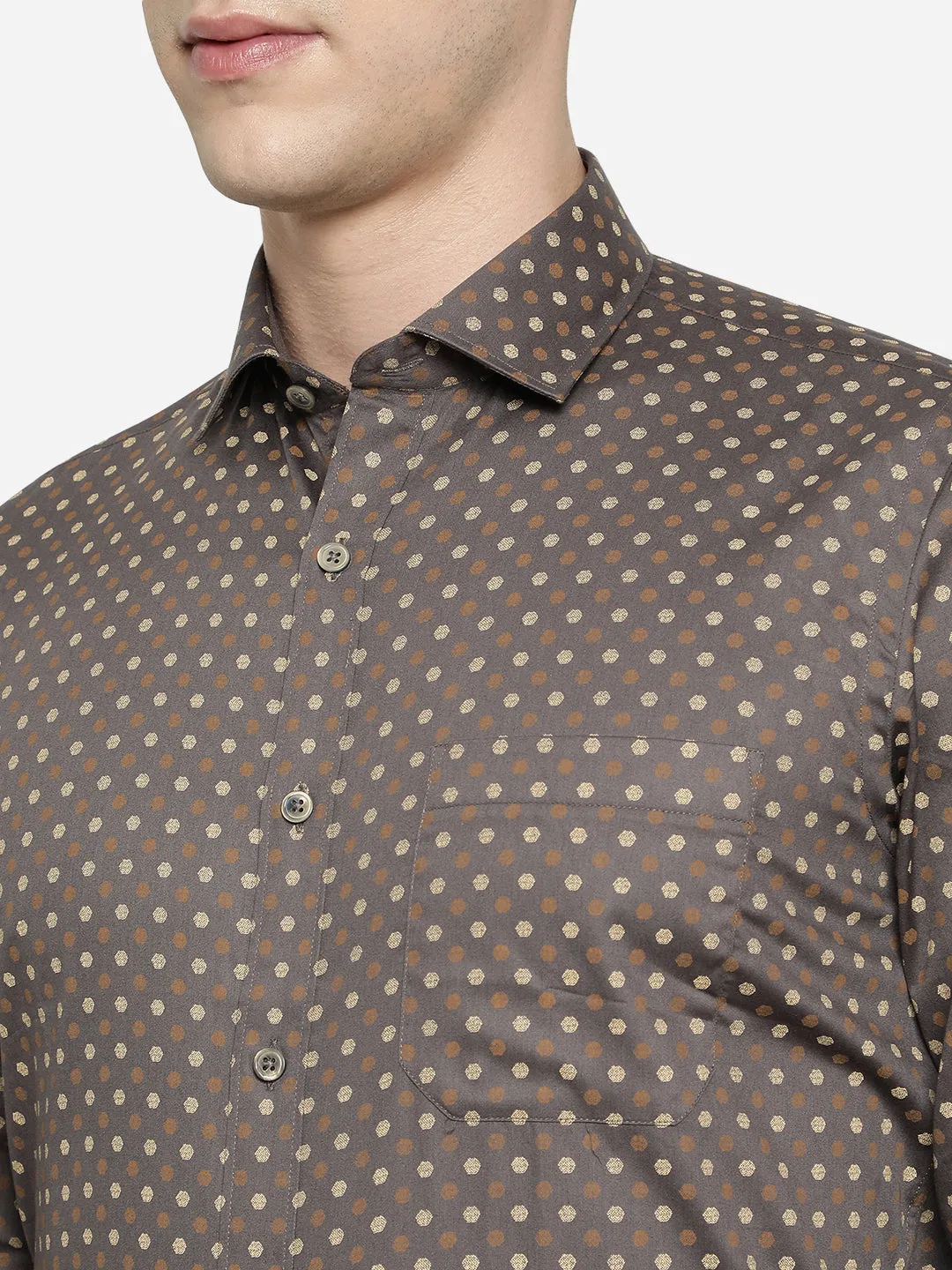 Brown & Beige Printed Slim Fit Formal Shirt | Greenfibre