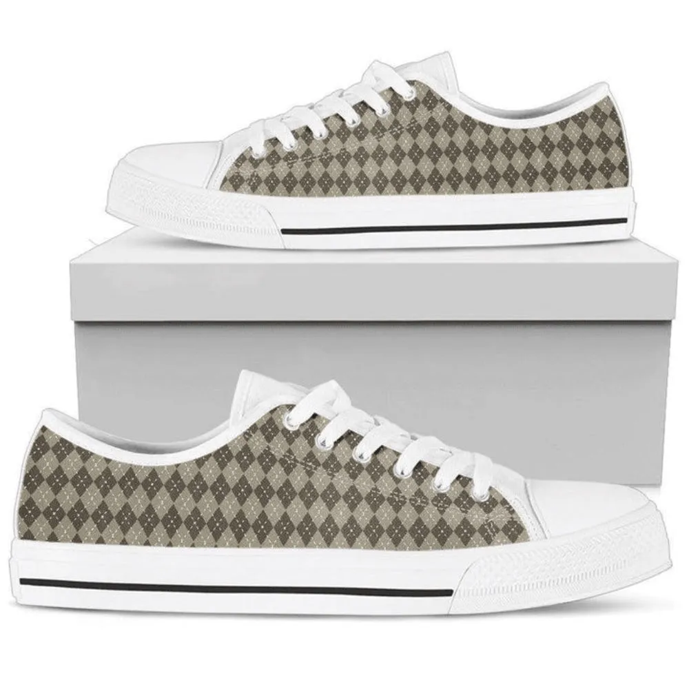 Brown Tan Beige Argyle Checkered Plaid Low Top Shoes, Low Top Sneaker, Low Top Canvas Shoes