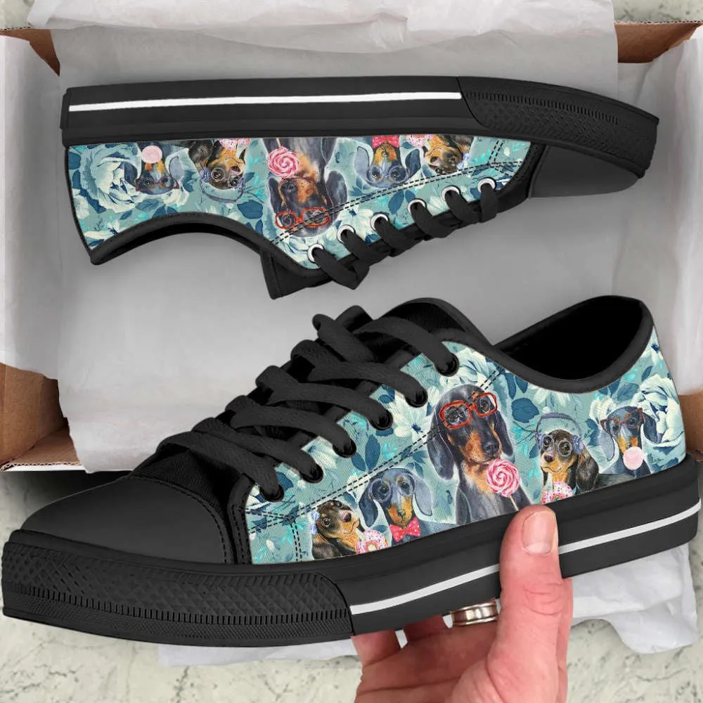 Dachshund Dog Flowers Pattern Low Top Shoes Canvas Sneakers, Dog Printed Shoes, Canvas Shoes For Men, Women