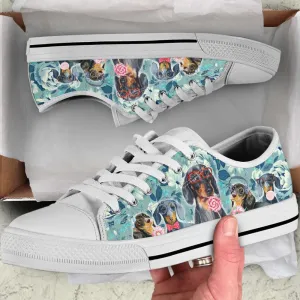 Dachshund Dog Flowers Pattern Low Top Shoes Canvas Sneakers, Dog Printed Shoes, Canvas Shoes For Men, Women