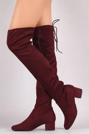 Drawstring-Tie Suede Block Heeled Over-The-Knee Boots