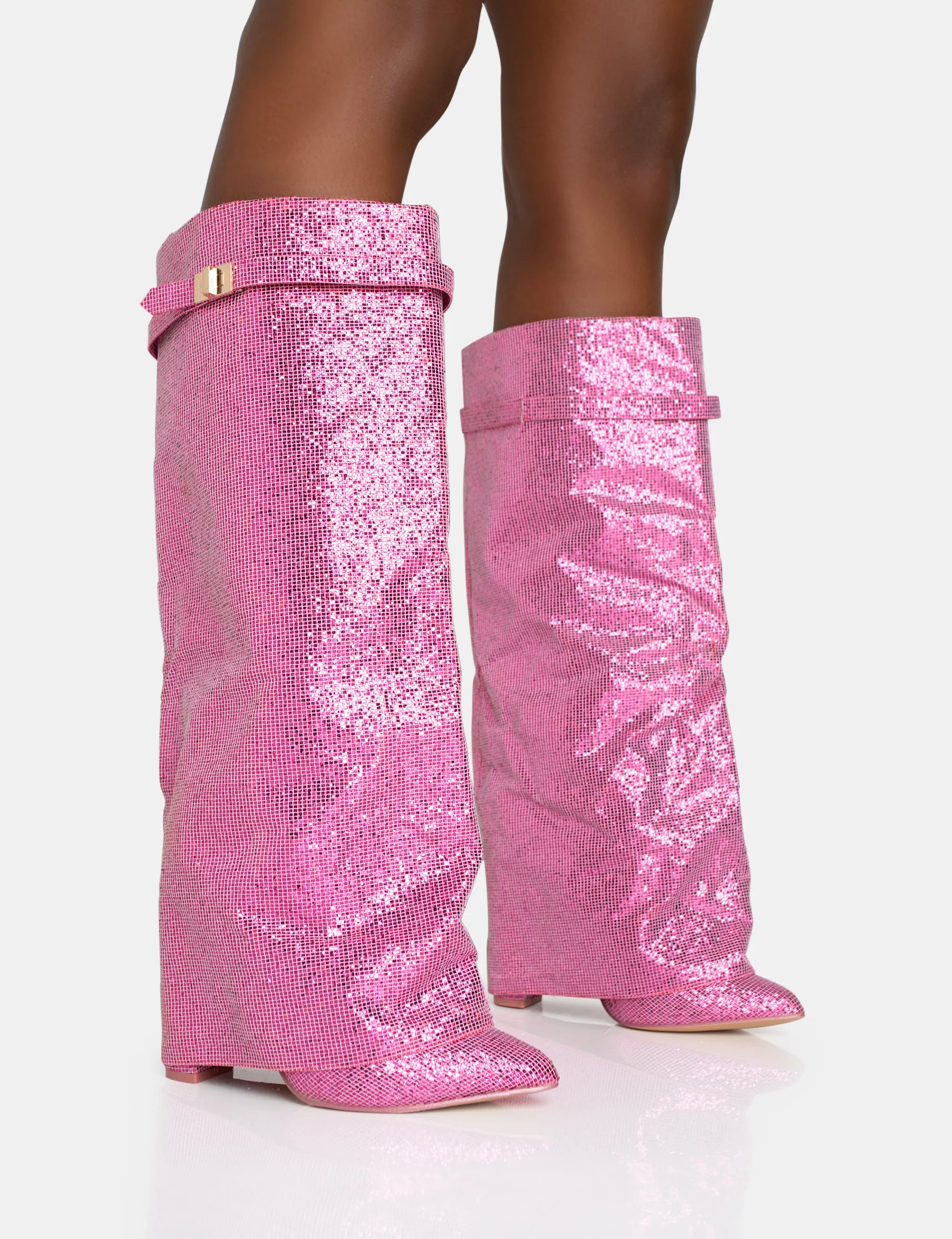 Echo Hot Pink Glitter Twist Lock Detail Fold Over Pointed Toe Knee High Boots