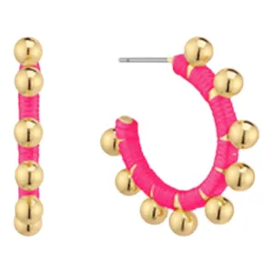 Esther Ball & Wrapped Thread Hoop Earrings | Hot Pink