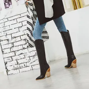 Faux Leather Western Cowboy Knee High Boots