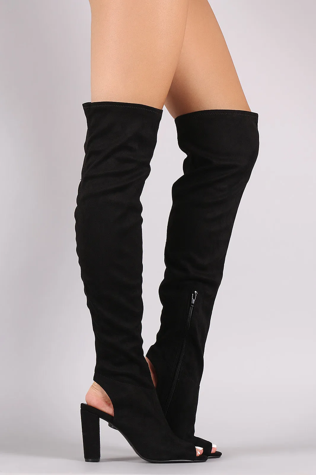 Qupid Stretchy Cutout Chunky Heeled Over-The-Knee Boots