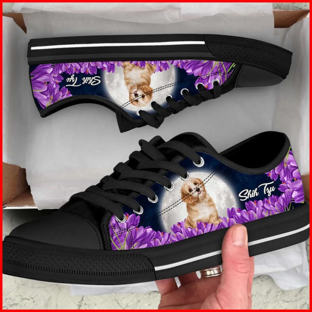 Shih Tzu Dog Purple Flower Low Top Shoes Canvas Sneakers, Dog Printed Shoes, Canvas Shoes For Men, Women