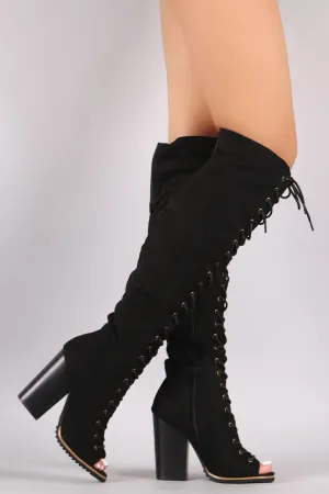 Suede Lace Up Peep Toe Lug Sole Chunky Heeled Boots