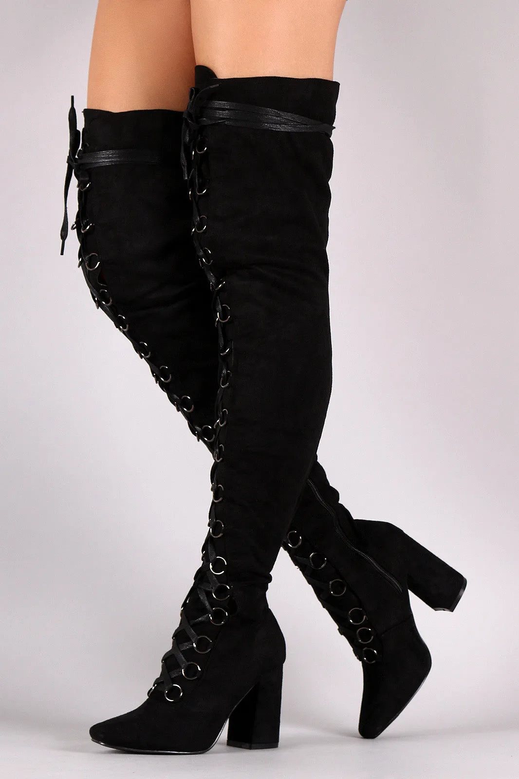 Suede Over The Knee Corset Lace Up Chunky Heel Boots