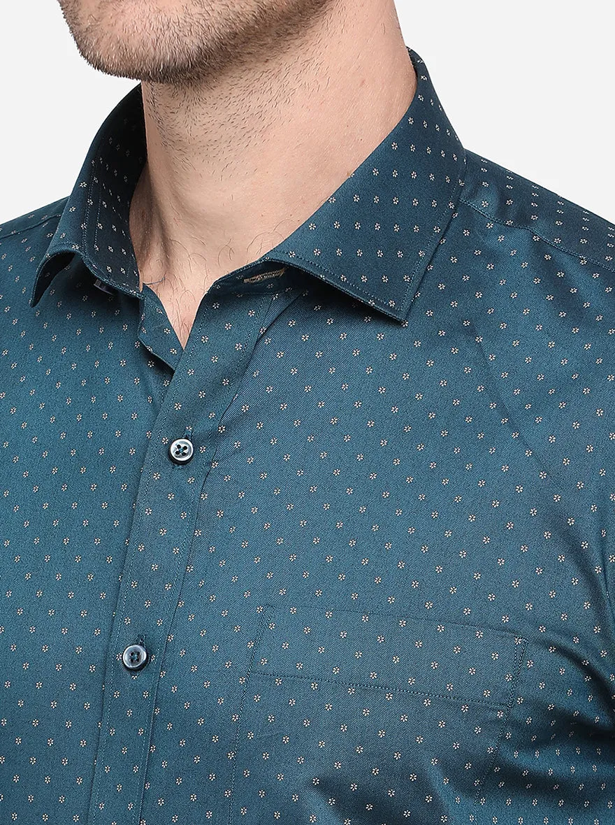 Turquoise Blue Printed Slim Fit Formal Shirt | Greenfibre