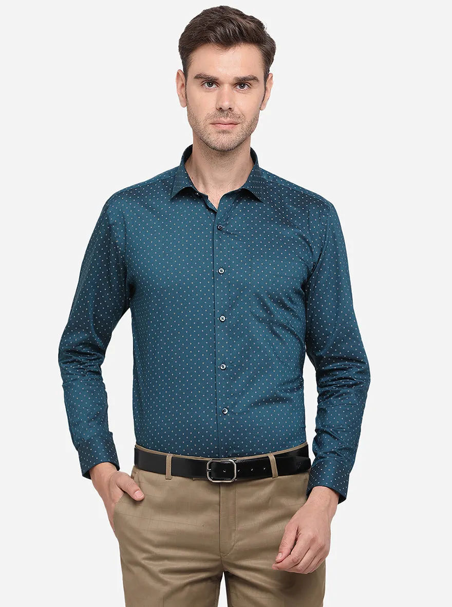 Turquoise Blue Printed Slim Fit Formal Shirt | Greenfibre