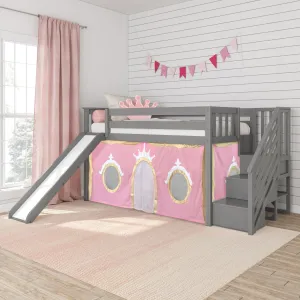 Twin Low Loft Bed with Stairs, Easy Slide, and Princess Curtain